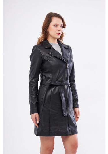 Derinss Dka2391 Hakiki Deri Kadın Siyah Pardesü 001