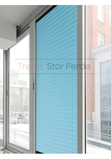 Mavi Plise Katlanır Cam Balkon Perdesi - Ofis Perdesi - Salon Perdesi - 104 Mavi