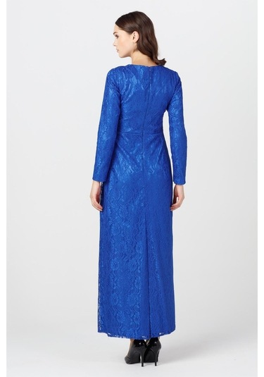 Sax - Tüylü Taşlı Dantel Abiye Elbise Saks