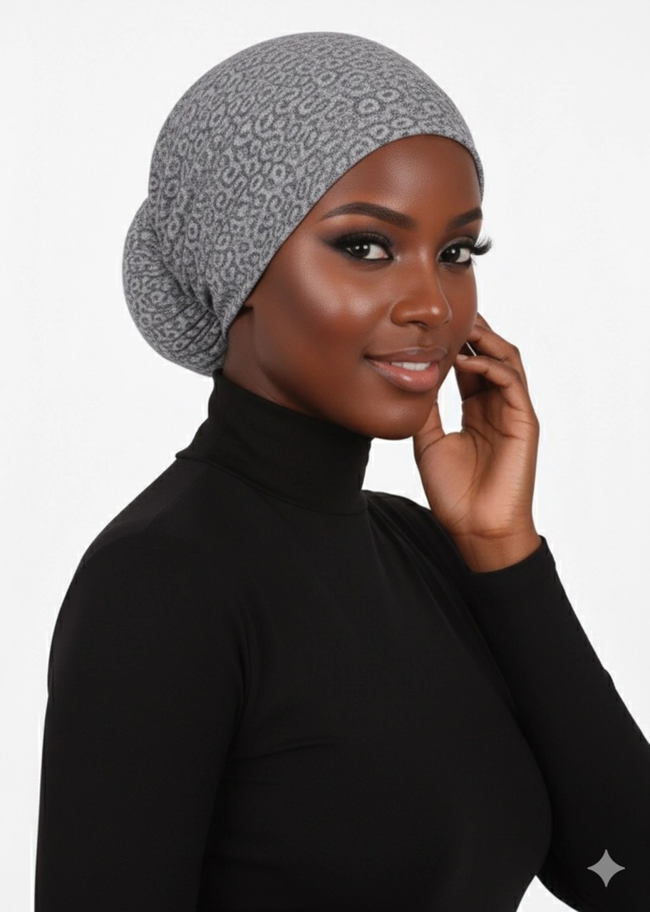 Topuzlu Brokar Gri Hazır Türban Tesettür Bone Gri