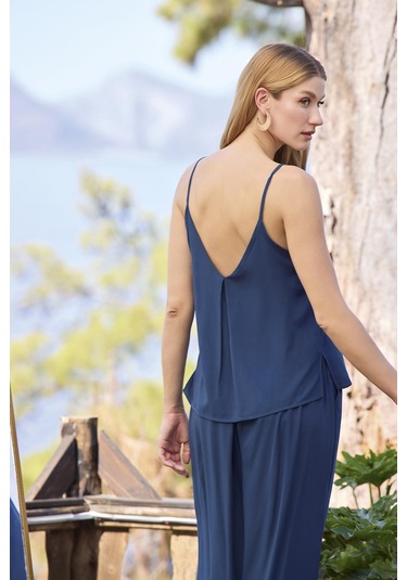 Monamise Kadın Yaprak Desenli Dekolteli V Yaka 3'lü Alt Üst Takım 25012 Lacivert