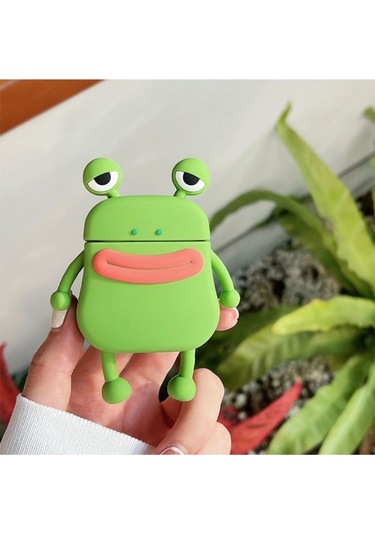 Iphone 3. Nesil Uyumlu Koruyucu Bluetooth Kulaklık Kılıfı Sevimli Kurbağa Figürlü Yeşil Airpods 3. Nesil