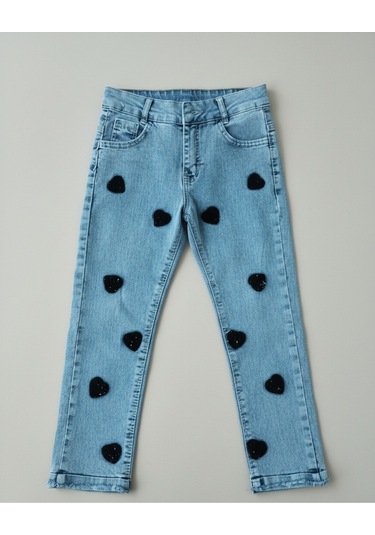 Kalp Desenli Yelekli Üçlü Takım Kız Çocuk Siyah