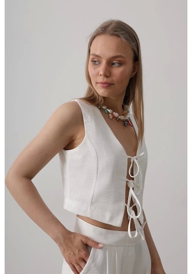 Defymoda Bağlamalı Yelek - Beyaz Beyaz