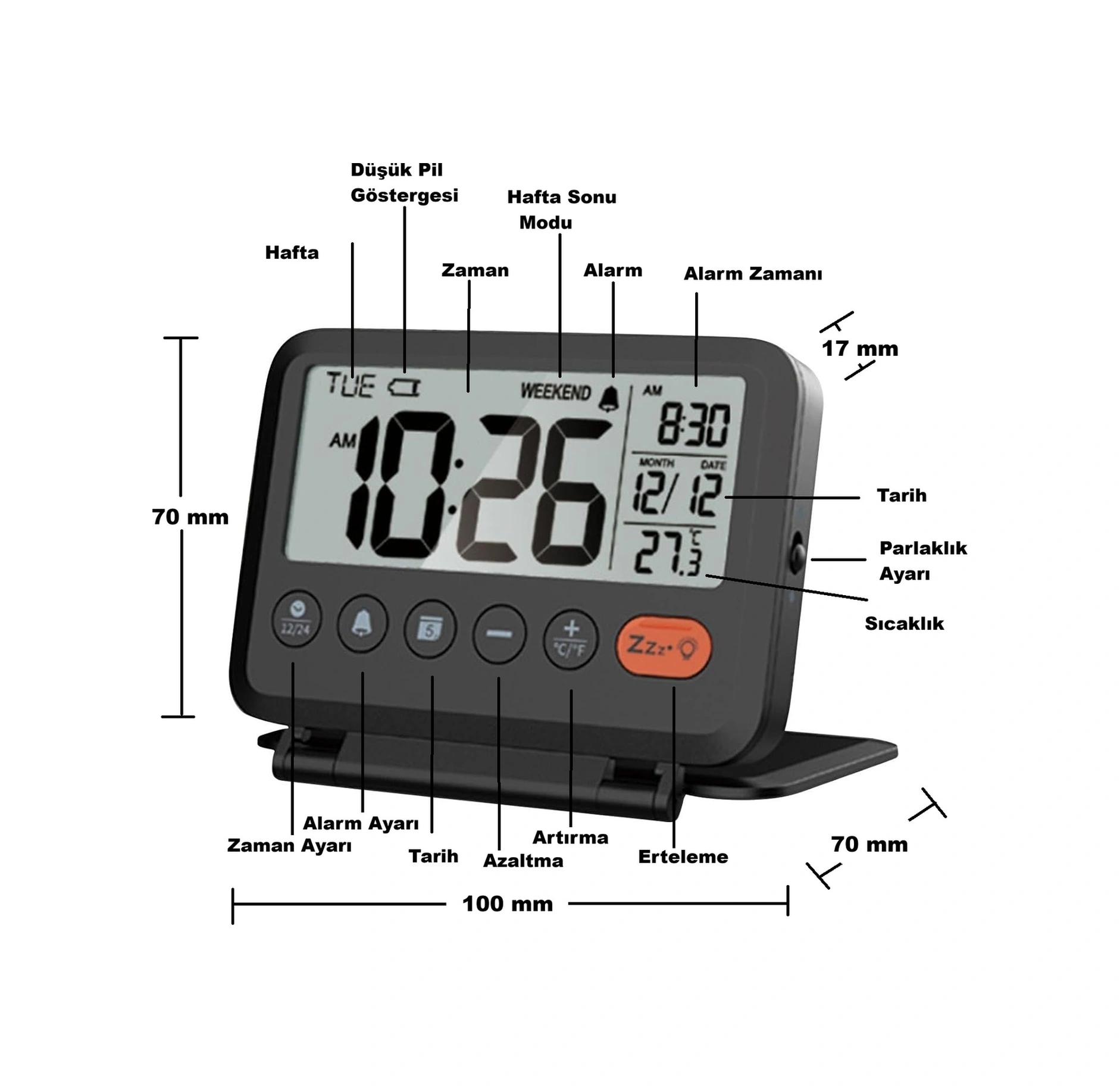 Hymark Lcd Katlanır 10x8cm Dijital Masa Saati Çalar Saat Takvim Sıcaklık Led Pilli Seyahat Ofis Ev Siyah