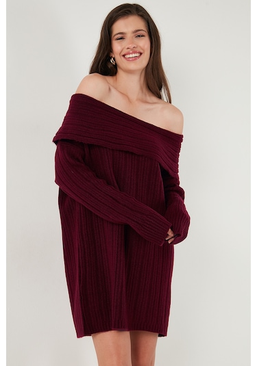 Lela Oversize Fit Kayık Yaka Uzun Kollu Mini Triko Bayan Elbise 4615218 Bordo