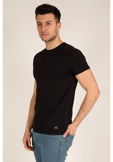 Erkek Siyah Slim Fit Bisiklet Yaka Basic T-shirt Siyah