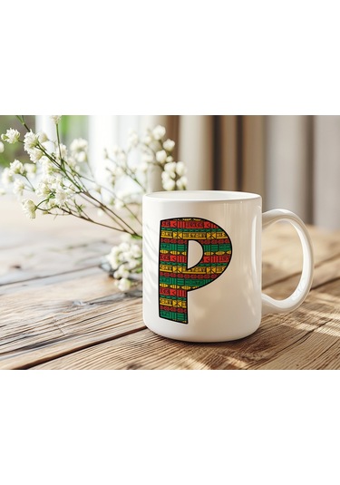 P Harfi Etnik Desenli Kupa - Afrika Tarzı Kahve Çay Kupası - Hediyelik - Black History Beyaz