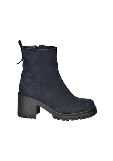 Fox Shoes R654006502 Lacivert Hakiki Deri Süet Kalın Topuklu Kadın Bot Lacivert