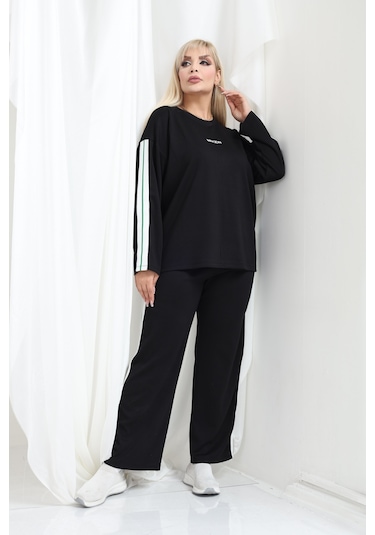 Kadın Büyük Beden Uzun Kollu Şerit Detaylı Oysho Tarzı Modal Kumaş Takım Siyah