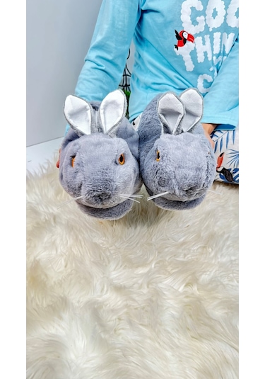 Kadın Panduf Tavşan Figürlü Peluş Ev Botu Desenli Düz Taban Rahat Hafif 359 Gri