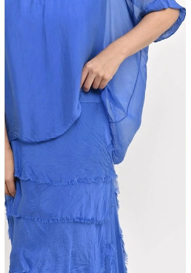 İtalyan 2 Beden İnce Gösteren Yarım Kol Kat Kat Ipek Elbise Saks Mavisi