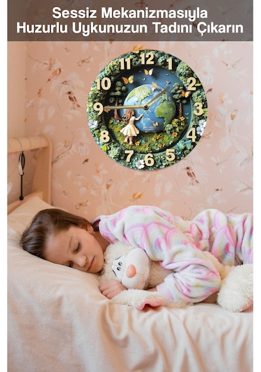 Doğa Ve Dünya Temalı Mdf Duvar Saati 3d Görünümlü, Sessiz Mekanizmalı, 2d Hd Baskı Sdw240 Renkli