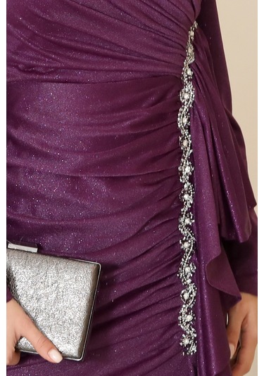 Parıltılı Fırfır Detaylı Zühre Tesettür Abiye Mor
