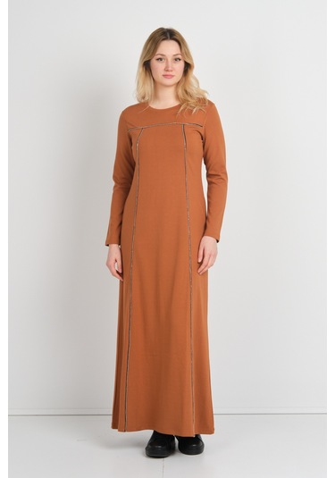 Sistas Kadın Parlak Taş Detaylı Uzun Kollu Çift Cepli Elbise 23824 Kiremit Kiremit