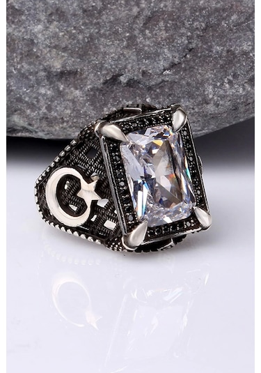 Gümüş Zirkon Taşlı Ayyıldız Motifli Erkek Yüzük Silver 925 Ayar Cıaey198