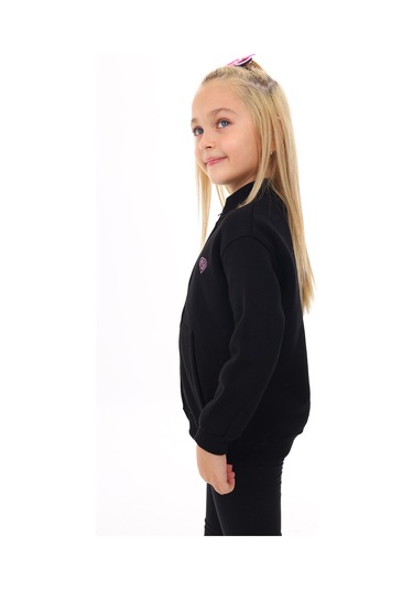 Toontoy Kız Çocuk Dik Yaka Fermuarlı Cepli Nakış Baskılı Örme Hırka - 2 İplik Şardonlu Siyah