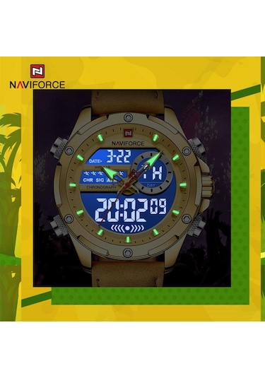 Naviforce Nf9208 Çift Ekran Kuvars Analog Lcd Dijital Erkek Saat Deri Kayış Gümüş - Yeşil