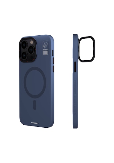 İphone 15 Pro Uyumlu Kılıf Magsafe Şarj Özellikli Standlı Youngkit Hermit Bracket Serisi Kapak Mavi