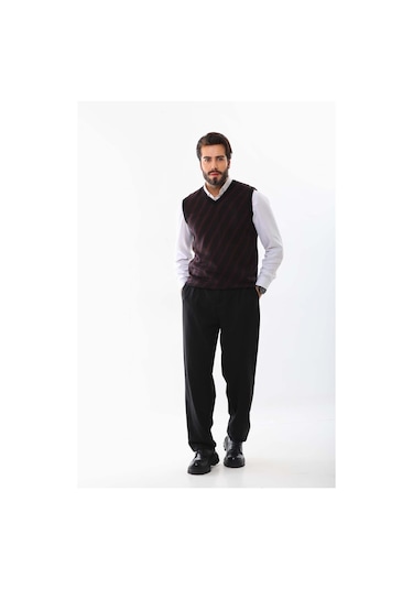 Pelikan Erkek Çizgili V Yaka Süveter 9625 Bordo