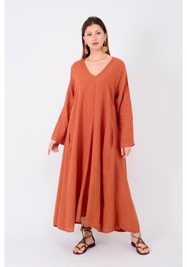 İtalyan V Yaka Uzun Kol Keten Elbise-8907 Tarçın