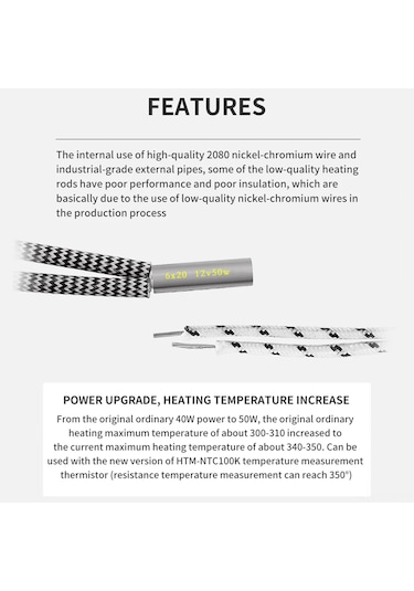 Xindoker Yükseltilmiş Güç Ve Dayanıklı 304 Paslanmaz Çelik Kartuş Isıtıcı - 50w, 340-350 C, 1m Kablo