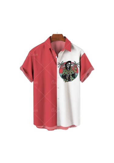 Snapbuyyaz Hawaii Kafatası Erkek Kısa Kollu Rahat Gömlek Dijital 3d Baskı Kore Çiçek Desen Harajuku Stilordu Yeşilerkek Ordu Yeşil