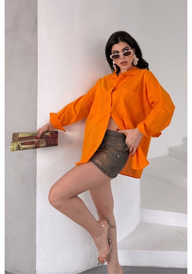 Paw Garage Kadın Harper Çift Cepli Oversize Keten Gömlek, 2025 Summer Collection Turuncu