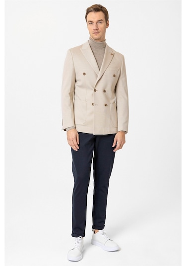 Süvari Bej Slim Fit Düz Sivri Yaka 6 Drop Ceket