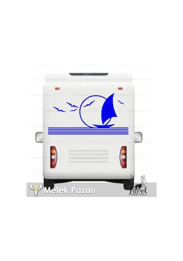 90X46 cm-Martılar ve Yelkenli Karavan Sticker. Karavan Çıkartma