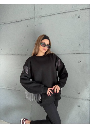 Püsküllü Uzun Kollu Sweat Siyah