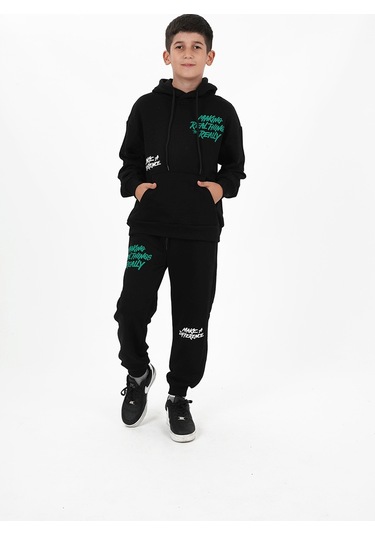 Erkek Çocuk Üç İplik Şardonsuz Kumaş Baskılı Kapüşonlu Eşofman Takımı Siyah