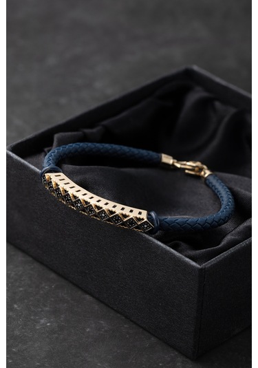 Cenova Kuyumculuk 14 Ayar Altın Taşlı Lacivert Kauçuk Erkek Bilekliği Lacivert