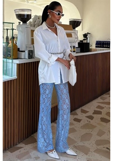 Modasize İçi Astarlı Dantel Pantolon 0081 Mavi