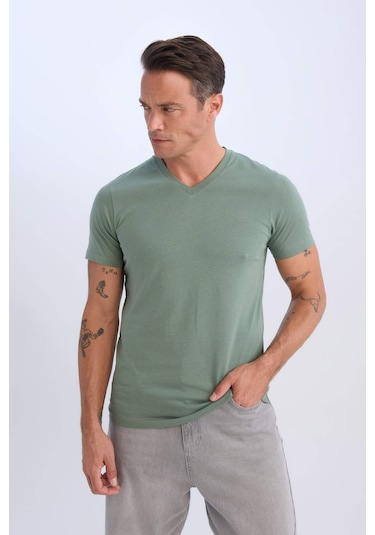 DeFacto %100 Pamuk Regular Fit V Yaka Pamuklu Basic Düz Kısa Kollu Tişört D7938AX25SPKH458