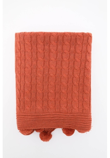 Biocotton Triko Ponponlu Örgü Tv Battaniyesi - Kiremit