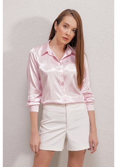 Bigdart 3964 Hafif Dökümlü Saten Gömlek - Pembe 001