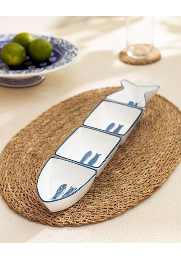 Madame Coco Marine 4 Parça Sunum Tabağı Mavi - Beyaz