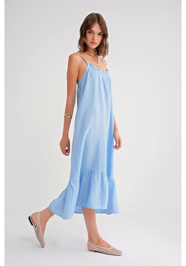 4740 Kadın Askılı Müslin Midi Elbise Bebe Mavi Bebe Mavi