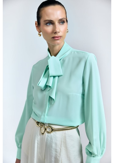 Sateen Yakası Bağlamalı Düz Gömlek - Mint-128707