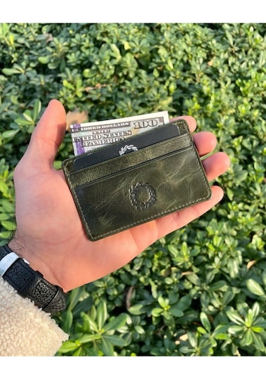 Unisex Antik Yeşil Mini Design Hakiki Deri Kartlık Cüzdan Erkek - Kadın Yeşil