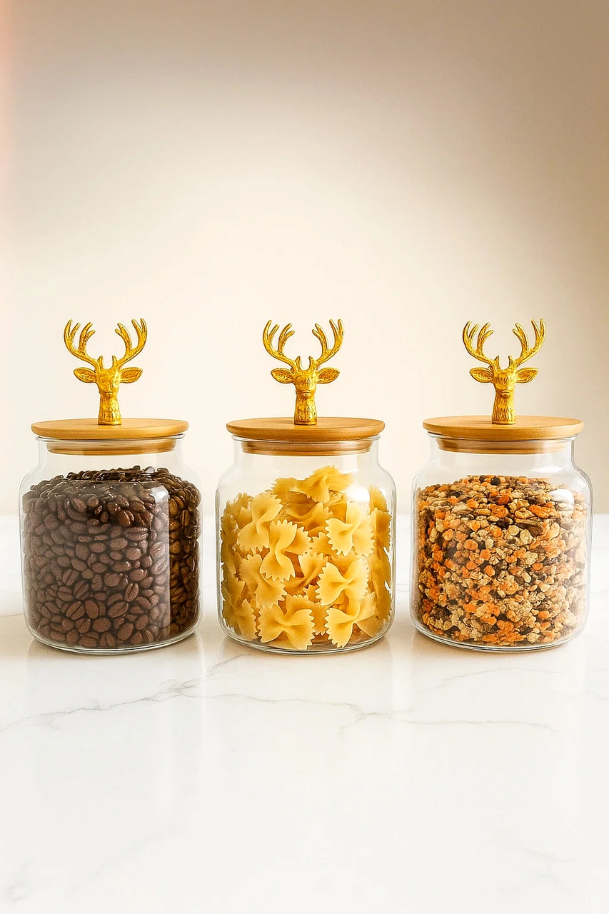 3 Lü Bambu Kapaklı Metal Geyik Figürlü Cam Kavanoz Seti - Saklama Kabı 635cc Şeffaf
