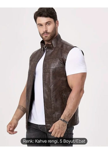 Uzun Hakim Yaka Regular Fit Hakiki Deri Yelek Kahverengi