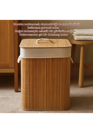 Porsima Pbt-053 Kapaklı Kirli Çamaşır Sepeti Dikdörtgen - Bambu Kirli Çamaşır Sepeti Bambu