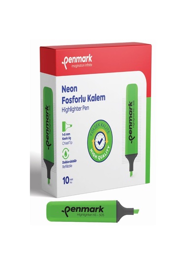 Penmark Neon Fosforlu İşaretleme Kalemi Yeşil Fosforlu Kalem 10 Lu Paket Çok Renkli