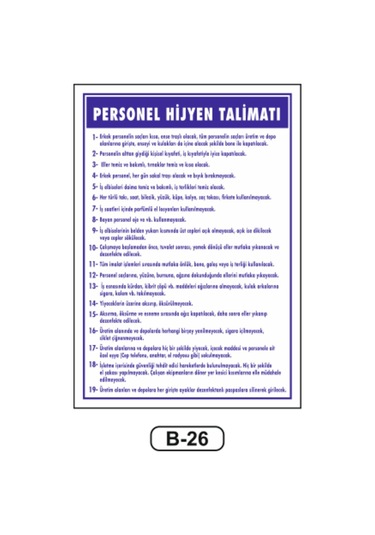 Personel Hijyen Talimatı Uyarı Ikaz Levhası