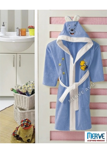 Kapşonlu Pamuk Erkek Çocuk Bornozu Mavi (4-5, 6-7, 8-9,10-11 Yaş) Mavi