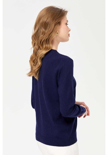 Desen Triko Kadın Sıfır Yaka Triko Yün Hırka 21031 Lacivert