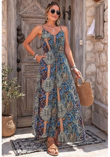 Defymoda Kadın Ip Askılı V Yakalı Cep Detaylı Desenli Uzun Süprem Tulum