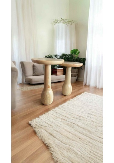 El Yapımı Masif Ahşap Yan Sehpa Seti Naturel Renk 2 Li Zigon